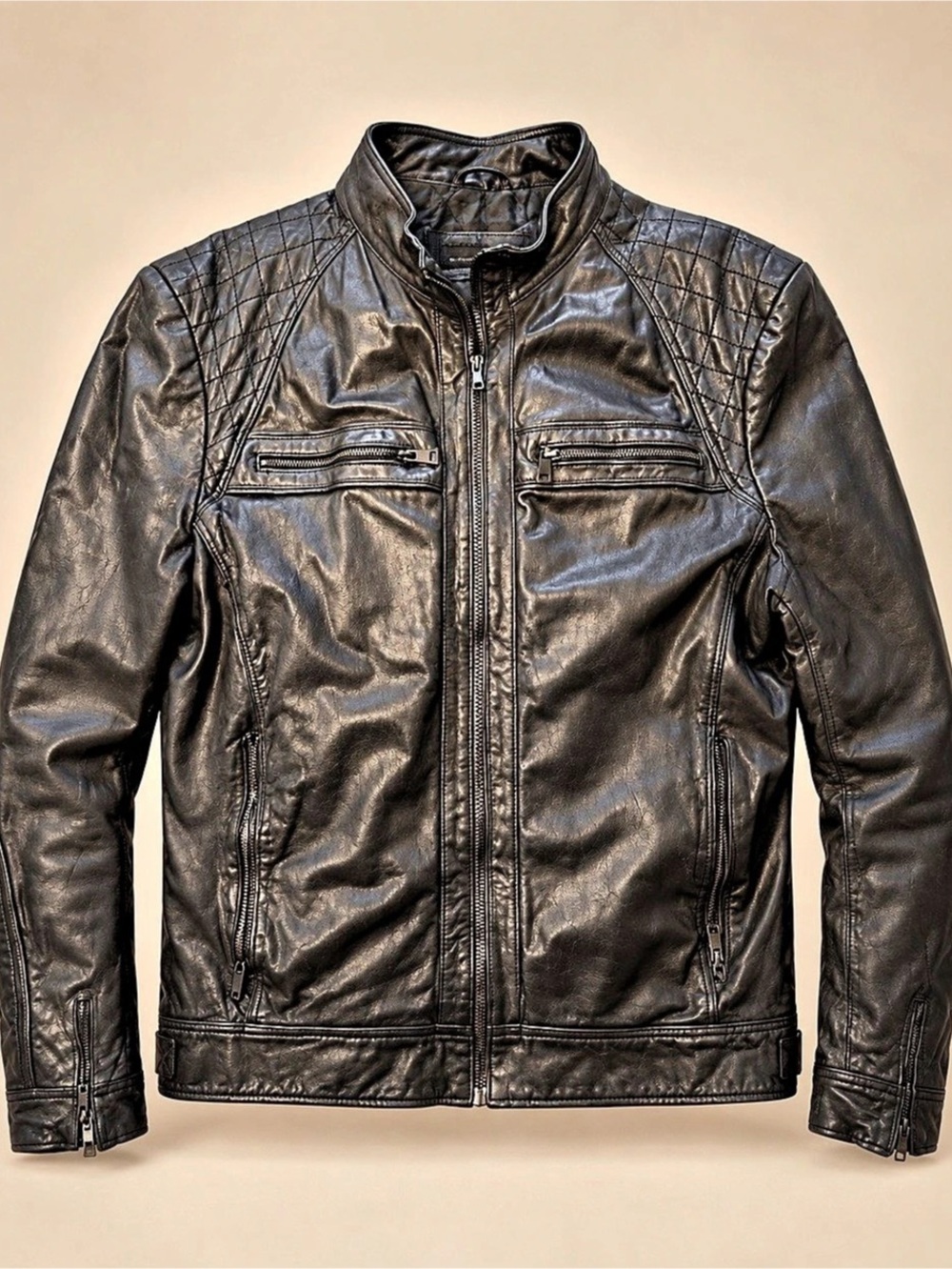Black Rivet Men's Quilted-Shoulder Leather Moto Jacket XL
